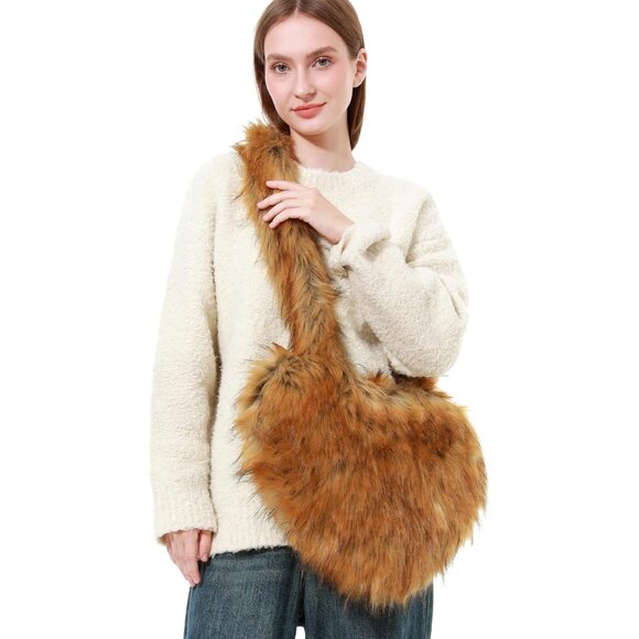 Women Faux Fur Heart Shaped Crossbody Bag Fluffy Y2K Trendy Large - Picture 7 of 7